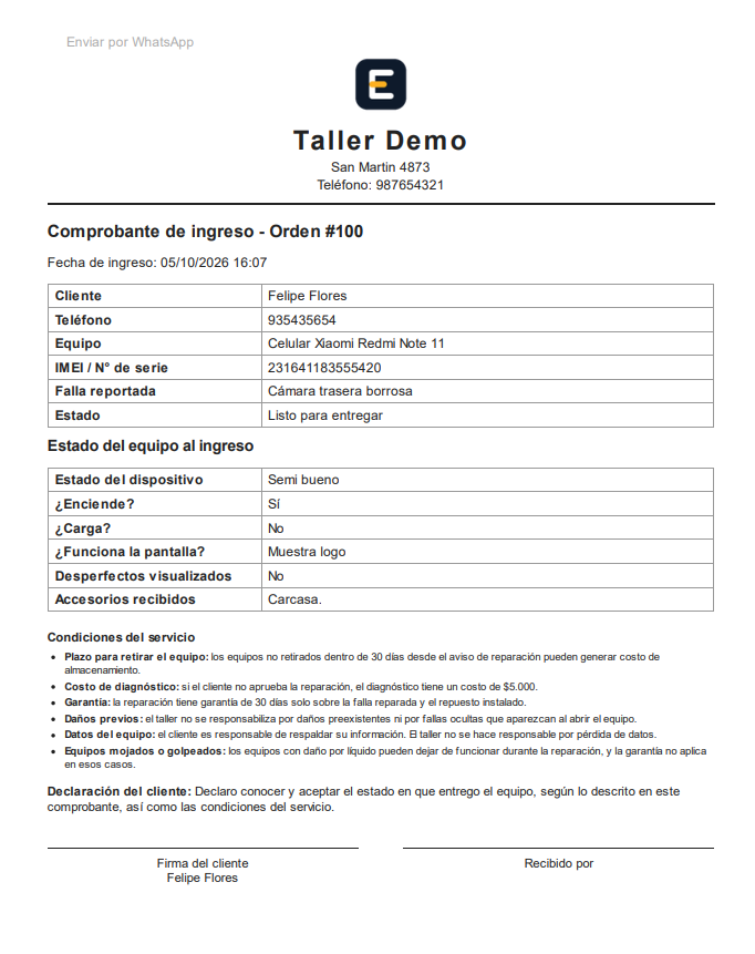 Comprobante de ingreso con el logo del taller